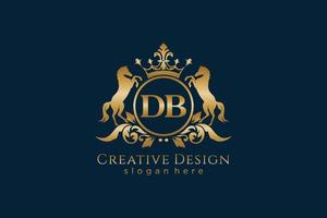 initial DB Retro golden crest with circle and two horses, badge template with scrolls and royal crown - perfect for luxurious branding projects vector