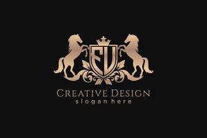 initial FU Retro golden crest with shield and two horses, badge template with scrolls and royal crown - perfect for luxurious branding projects vector