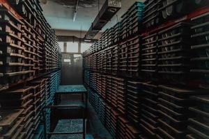 Gold mining storage rock core samples geology drilling industy. Large ore warehouse in modern industry, ores stacked in boxes. Selective focus photo