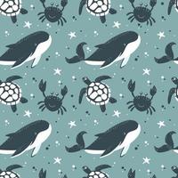 Sea with whale, crab and turtle. Seamless pattern.Vector illustration vector