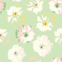 seamless plants pattern on green background with mixed pastel flowers , greeting card or fabric vector