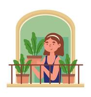 mujer con plantas en ventana vector