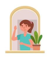 girl with houseplant in window vector