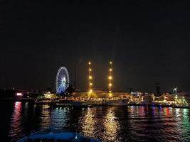 Hello twilight night Chaophaya river skyline colorful waterfront background wallpaper image photo