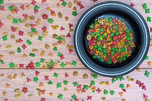 Cat food in bowl on wooden background photo