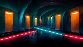Abstract sci fi futuristic hallway dark room in space station with glowing neon lights background, digital art design photo