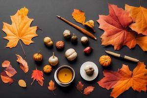 Top view of autumn pumpkins and dried leaves with chestnut in flat lay style background, Thanksgiving theme, 3d render design photo