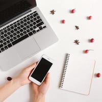 Flat lay of hand holding smartphone, blank notebook and laptop surrounded with berry and star anise on white background, autumn concept photo