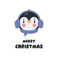 Christmas greeting card with cute penguin. Vector illustration in cartoon style. White background.