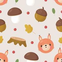 Vector seamless pattern with squirrels, nuts, mushrooms, leaves, berries. Autumn pattern. For card, posters, banners, printing on the pack, printing on clothes, fabric, wallpaper.