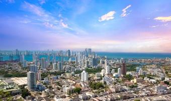 Colombia, scenic view of Cartagena cityscape modern skyline, hotels and ocean bay of Bocagrande photo