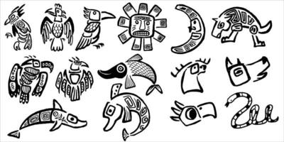 quince juegos dibujados a mano de animales tribales africanos sobre fondo blanco. vector