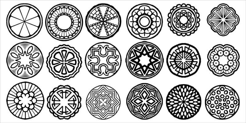 Eighteen hand drawn set of abstract circle tribal drawing.
