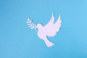 A white dove cut out of paper for the background of the World Peace Day. World Science Day for Peace and Development photo