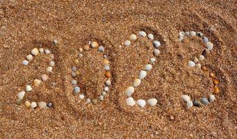 The numbers 2023 on the sea sand are lined with small shells.New Year's concept photo