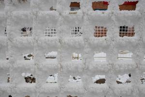 The fence grid is strewn with frost crystals, snowflakes. Winter snowy frosty background. World Snow Day photo