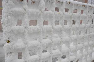 la rejilla de la cerca está cubierta de cristales de escarcha, copos de nieve. fondo helado nevado de invierno. dia mundial de la nieve foto