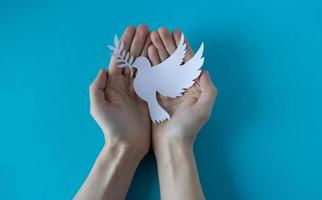 manos sosteniendo una paloma blanca de papel sobre un fondo azul. día Mundial de la Paz. día mundial de la ciencia para la paz y el desarrollo foto