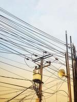 Photo of messy electric poles and power lines.