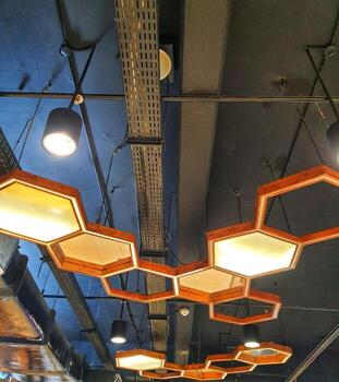 Hexagon lights that adorn the ceiling of the building. photo