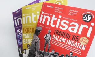 West Java on July 2022. Photo of some Intisari magazines. Intisari is the name of a monthly magazine that originated in Indonesia