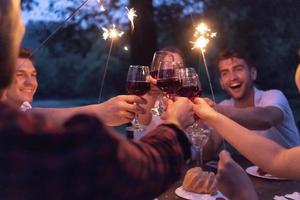 amigos brindando con una copa de vino tinto mientras hacen un picnic cena francesa al aire libre