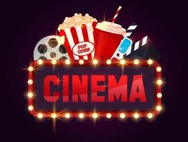 Movie poster. Cinema banner with popcorn, soda, clapperboard. Glowing cinema banner. Vector illustration.