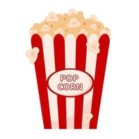 Popcorn isolated on white background. Cinema icon in flat style. Snack food. Big red white strip box. Vector stock.