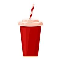 taza de refresco en estilo de dibujos animados. taza roja para refrescos o bebidas frías. taza de refresco desechable. comida chatarra de cine. vector