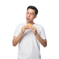 Young asian man with hamburger cutout, Png file