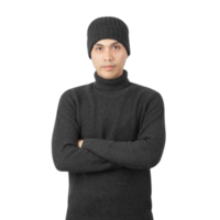 Portrait of Asian man wearing sweater and beanie cutout, Png file