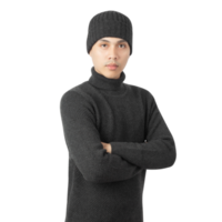 Portrait of Asian man wearing sweater and beanie cutout, Png file