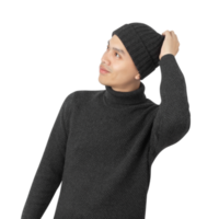 Portrait of Asian man wearing sweater and beanie cutout, Png file