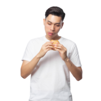 Young asian man with hamburger cutout, Png file