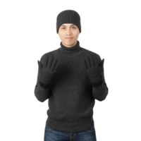 Portrait of Asian man wearing sweater and beanie cutout, Png file