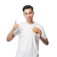 Young asian man with hamburger cutout, Png file