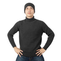 Portrait of Asian man wearing sweater and beanie cutout, Png file