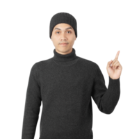 Portrait of Asian man wearing sweater and beanie cutout, Png file