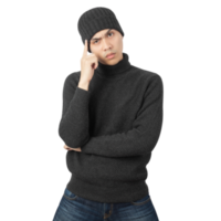 Portrait of Asian man wearing sweater and beanie cutout, Png file