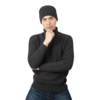 Portrait of Asian man wearing sweater and beanie cutout, Png file