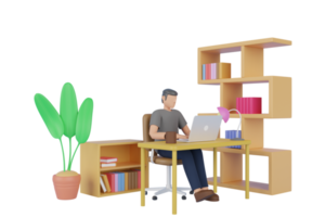 representación 3d de la oficina en casa. 3d ilustración de un joven que usa una laptop y trabaja en el escritorio de la oficina con una taza de café. concepto de lugar de trabajo. representación 3d