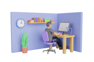 3D-Mann sitzt vor Laptop, Mann arbeitet am Computer. Angestellter im Anzug, der an seinem sauberen und eleganten Schreibtisch an einem Laptop arbeitet. 3D-Rendering png
