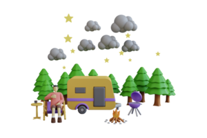 A yellow motorhome in a pine forest surrounded by clouds and stars.Travel and camping concept.3d render. png