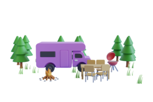 camping para autocaravanas rodeado de pinos sobre un fondo azul. representación 3d concepto de viaje y camping.