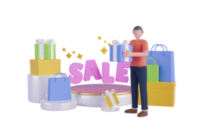 ilustración 3d de compras en línea, tienda en línea, pago en línea y concepto de entrega. banner de venta, caja de regalo, descuento, publicidad social png