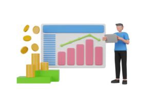 Ilustração 3D de dados de economia de dinheiro. financie o crescimento da seta de renderização de saving.3d com pilhas de moedas. receita financeira de negócios do investimento. png