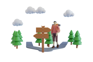 Ilustración 3d de turista con mochilas caminando por el bosque. actividades de senderismo. representación 3d