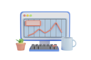 analyse de données d'ordinateur portable 3d, stratégie d'entreprise marketing, données d'analyse et investissement, rapports financiers d'entreprise. ordinateur 3d avec tableau de données. rendu 3d png