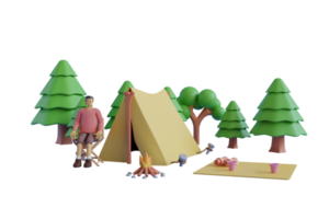 Fogata de dibujos animados en 3d y carpas en el bosque de pinos. Ilustración 3d de abetos geométricos de baja poli y una carpa cerca de la fogata y el hervidor de senderismo. png