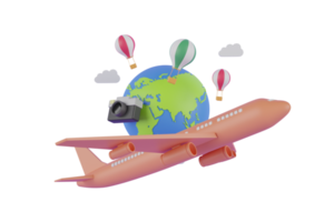 Sommerreise-Urlaubskonzept. Koffer umgeben von Heißluftballons, Kamera, Brille, Flugzeug und Heißluftballons auf einem 3D-Podium. 3D-Rendering. png